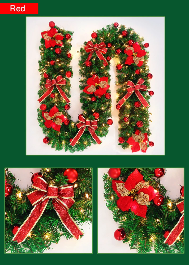 270cm Christmas garland Christmas rattan with bows and Fairy led lights Christmas decoration for home party New Year supplies - Color: red with bow