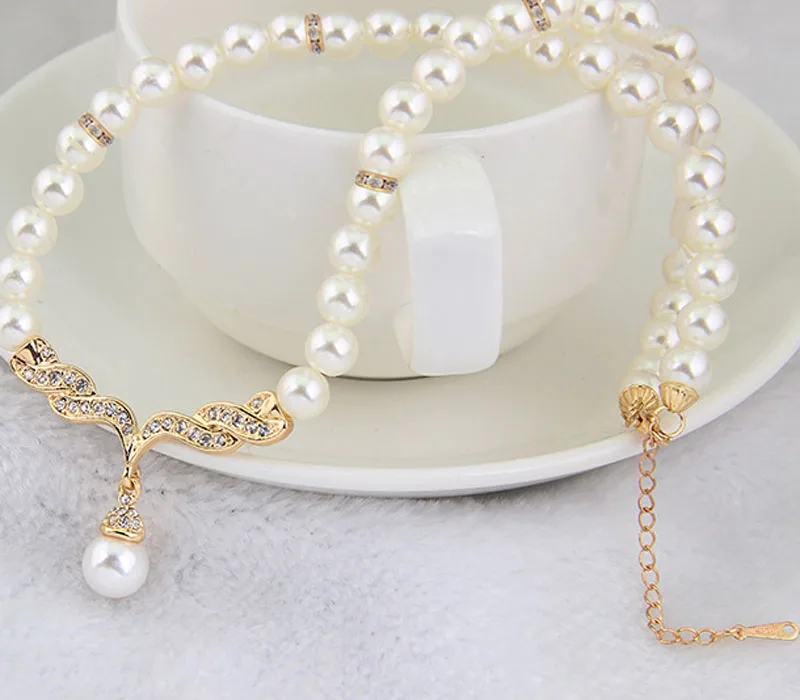 Creative Gold Color Necklace + 1 Pair Earrings Wedding Bridal Pearl Jewelry Set For Women Lady Female