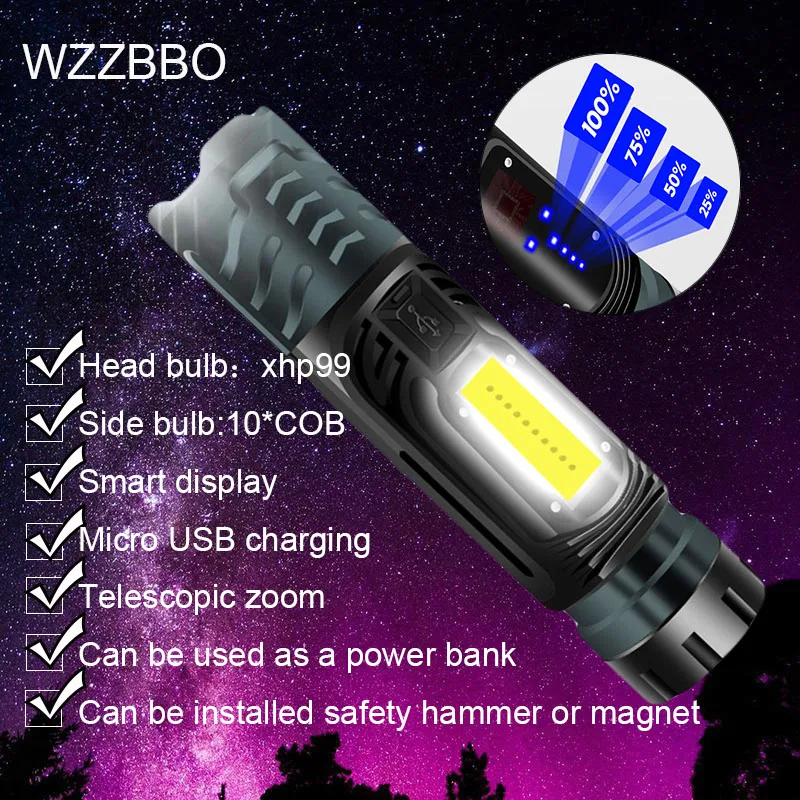 

Powerful XHP99 LED Flashlight COB Rechargeable USB Zoomable Torch 26650 Hunting Lamp for Camping olight self defense