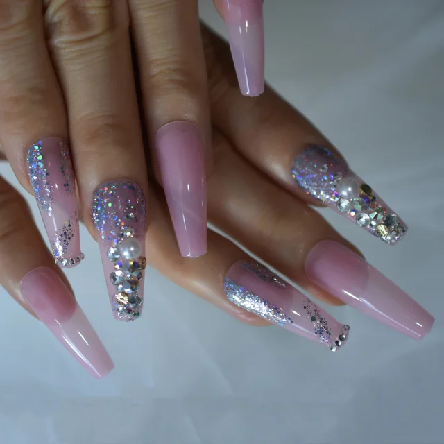 Extra Long Press On Nails With Rhinestone Pearls Glitter Pink Fake Nails Coffin Ballerina Glossy Acrylic Nail Tips For Woman False Nails Aliexpress