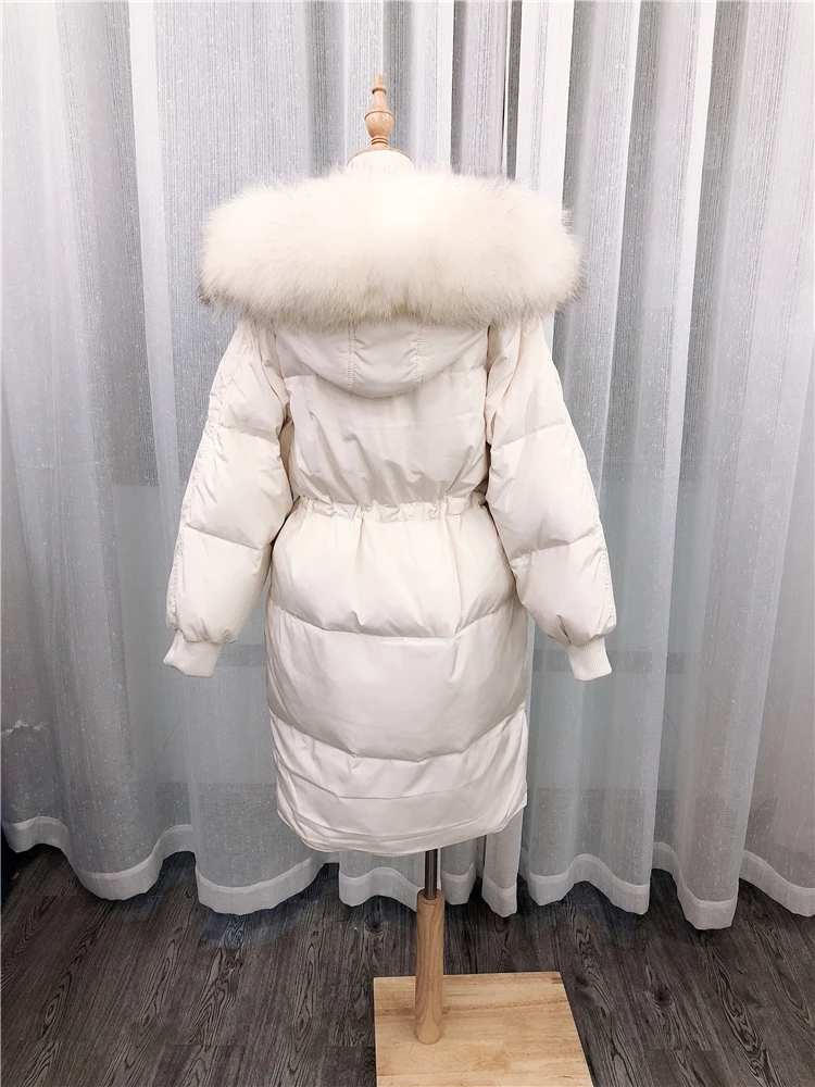 Зимнее пальто для женщин, белая куртка-пуховик на утином пуху, теплый большой воротник из натурального меха, с капюшоном, толстый длинный пуховик, парка, пальто, Женская одежда оверсайз