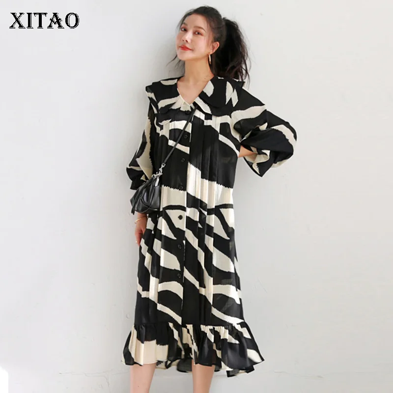 Платье XITAO женское винтажное с кукольным воротником рукавом Seven Quarter оборками для