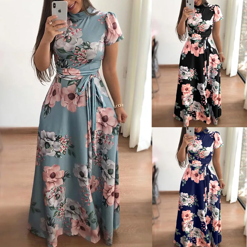 

New Women Summer Dress Casual Short Sleeve Long Dress Boho Floral Print Maxi Dress Turtleneck Bandage Elegant Dresses Vestidos