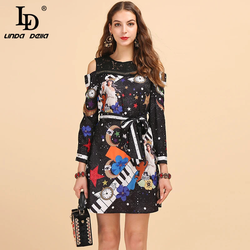 

LD LINDA DELLA Autumn Fashion Runway Vintage Dress Women's Long Sleeve Lace Patchwork Belted Elegant Angel Space Printed Dress