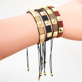 

Rttooas MIYUKI Bracelet Men Gold Rivets Cuff Bracelets Handmade Woven Adjustable Tether Bracelet Female Jewelry Wholesale