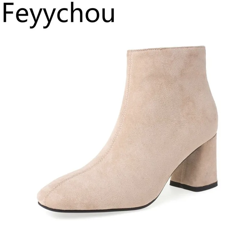 

Women's Boots Autumn Winter High Heel Square Toe Zipper Ankle Chelsea Shoes Flock 2019 Sexy New Fashion Black Large Size 34-43