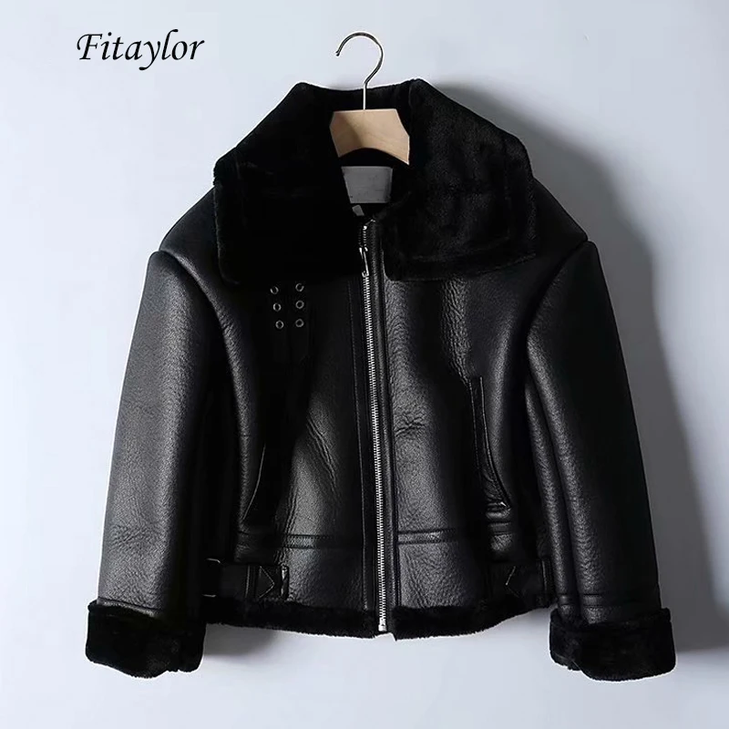 Fitaylor зима из PU искусственной мягкой кожи Куртка на овчине Для женщин отложной