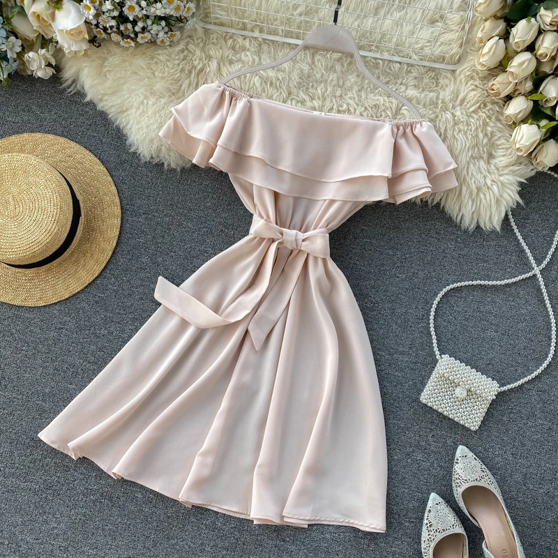 SINGRAIN Summer Women Off Shoulder Dress Bohemian Romantic Ruffle Sundress Party Holiday A-Line Retro Solid Chiffon Beach Dress