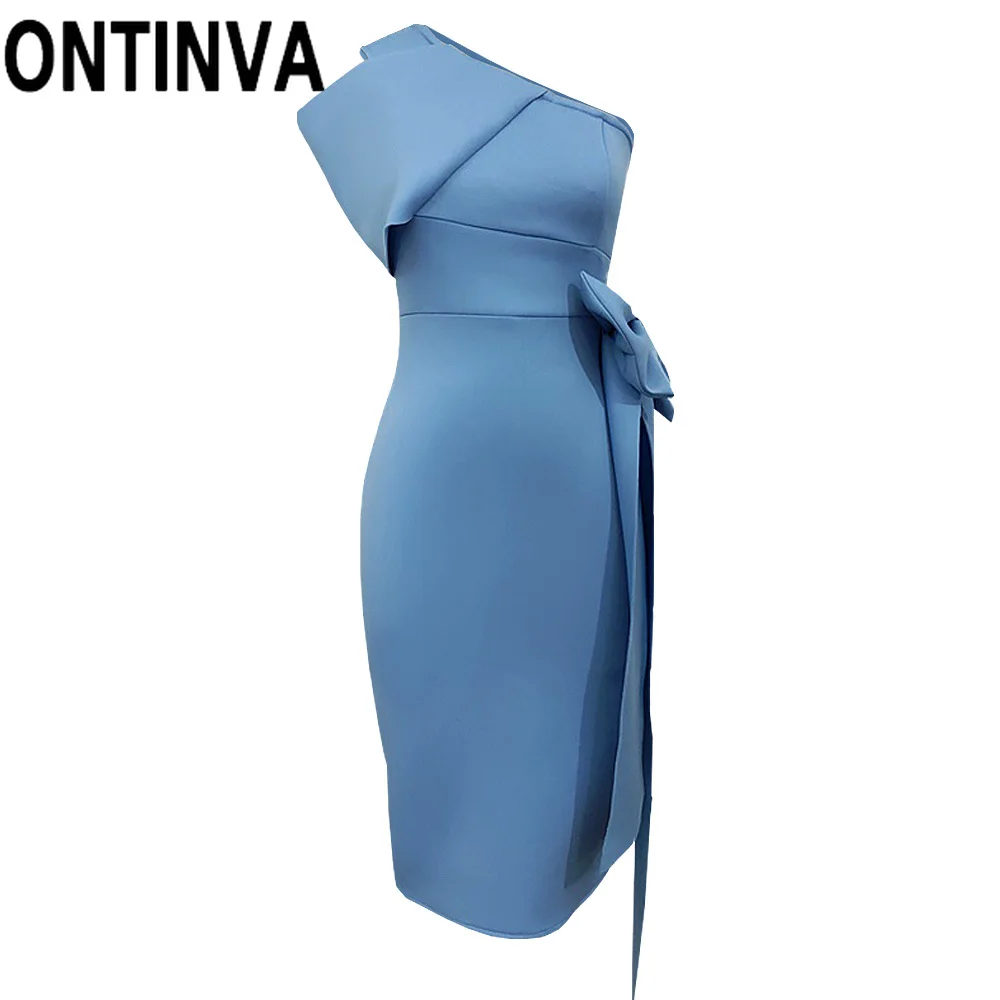 

2020 Summer New Blue One Shoulder Irregular Bodycon Sheath Midi Length Club Sexy Pencil Dress with Bow for Women Plus Size XXL