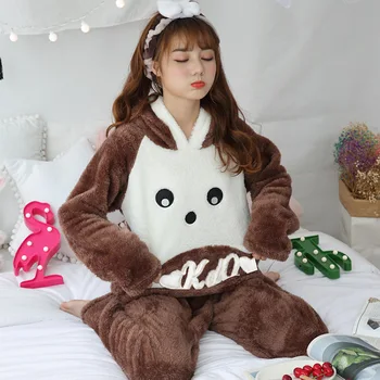 

Winter Women Flanne Pajamas Sets Coffon Thick Warm Nightwear Sweet Coral Velvet Pyjamas Female Long Sleeve Pants Pijama Homewear