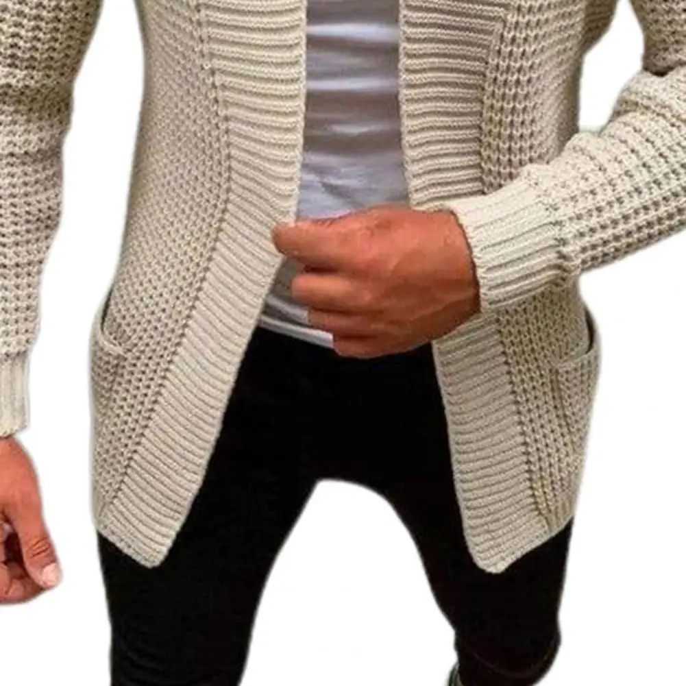 Men Sweater Coat Solid Color Pockets Autumn Winter Knitted Striped Cardigan Coat Pure Color Loose-fitting