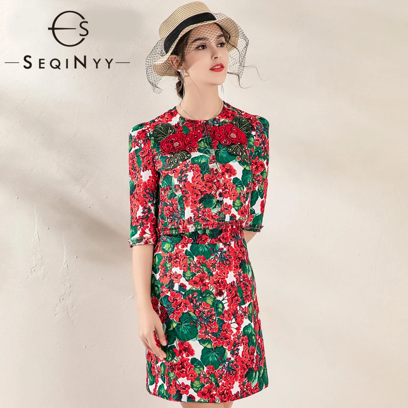 

SEQINYY Red Hydrangea Set Printed 2020 Summer Spring New Fashion Design Women Luxury Bead Crystal Print Short Jacket Mini Skrit