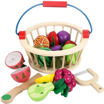 

New Magnetic Wooden Fruit Vegetable Combination Cutting Toy Set Children Play Pretend Simulation Round Basket Fruit Kits D101