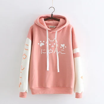 

Japanese Mori Girl Sweet Plus Velvet Hooded Hoodie Women Fleece Letter Cat Printing Female Kawaii Pullovers Hoodies Z157