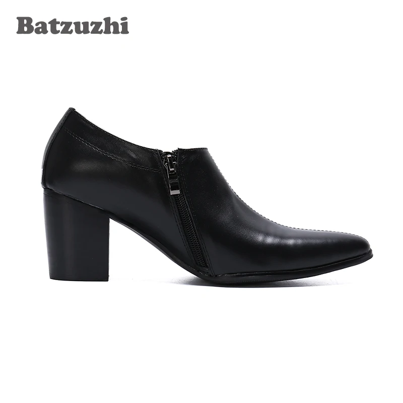 Batzuzhi 7.5CM High Heel Black Genuine Leather Ankle Boots Men Pointed Toe Men Boots Party and Wedding Footwear Zapatos Hombre