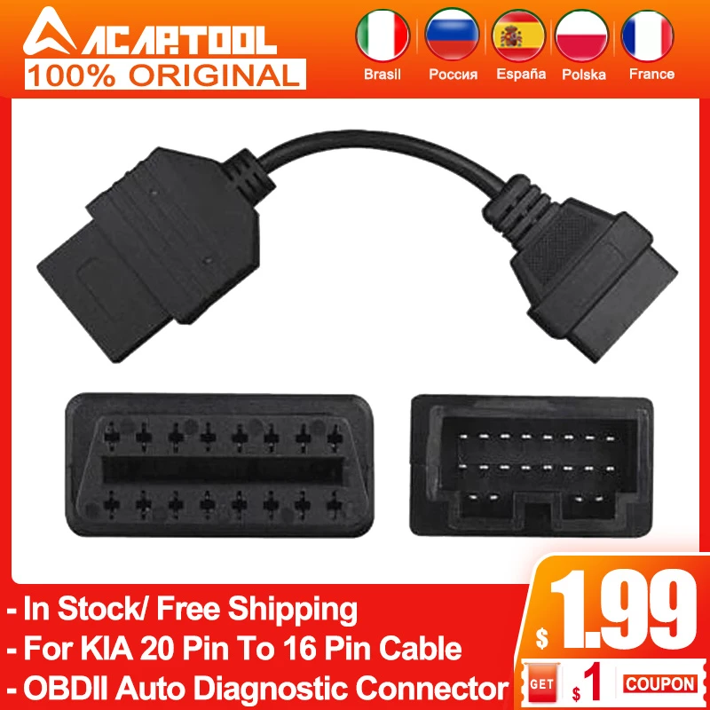 OBD2 Cable For KIA 20 Pin To 16 Pin OBDII Diagnostic Tool Scanner Code Reader Adapter Car Connector Cable For KIA 20Pin Adapter battery load testing