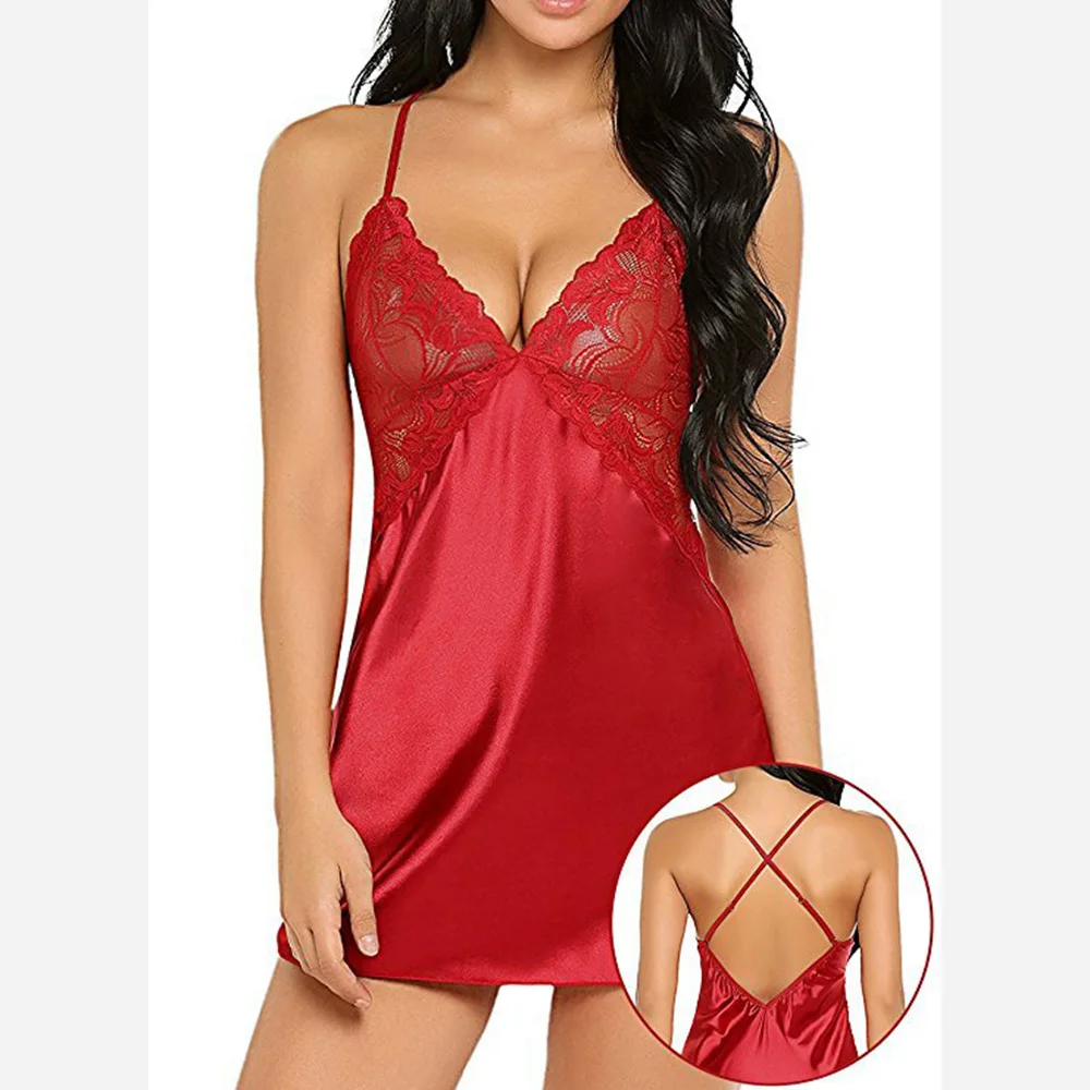 Gecelik Женская шелковая ночная рубашка, кружевное нижнее белье, ночная рубашка, сексуальная ночная рубашка, женское белье, сексуальная шелковая сорочка - Цвет: red
