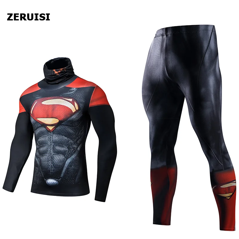Мужские спортивные костюмы, спортивный костюм для фитнеса, одежда, термальный 3d-принт, Рашгард, супергерой, Человек-паук, высокий воротник, нагрудный компрессионный комплект - Цвет: JDP15 JSK12