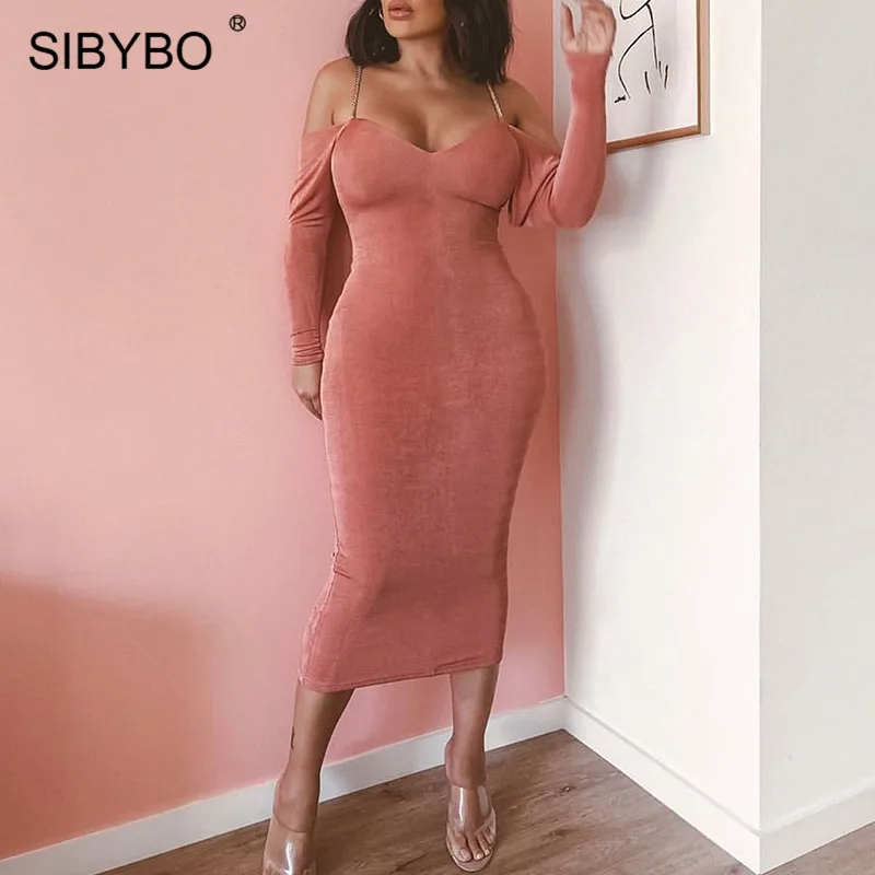 SIBYBO Metal Spaghetti Strap Winter Long Dress Women Off Shoulder Long Sleeve Sexy Bodycon Dress Autumn Backless Party Dress