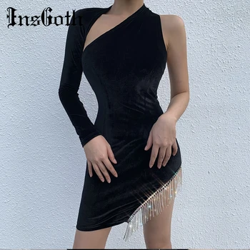 

InsGoth Sexy One-shoulder Black Party Dress Women Bodycon Elegant Vintage Mini Dresses Streetwear Fashion Female Autumn Dress