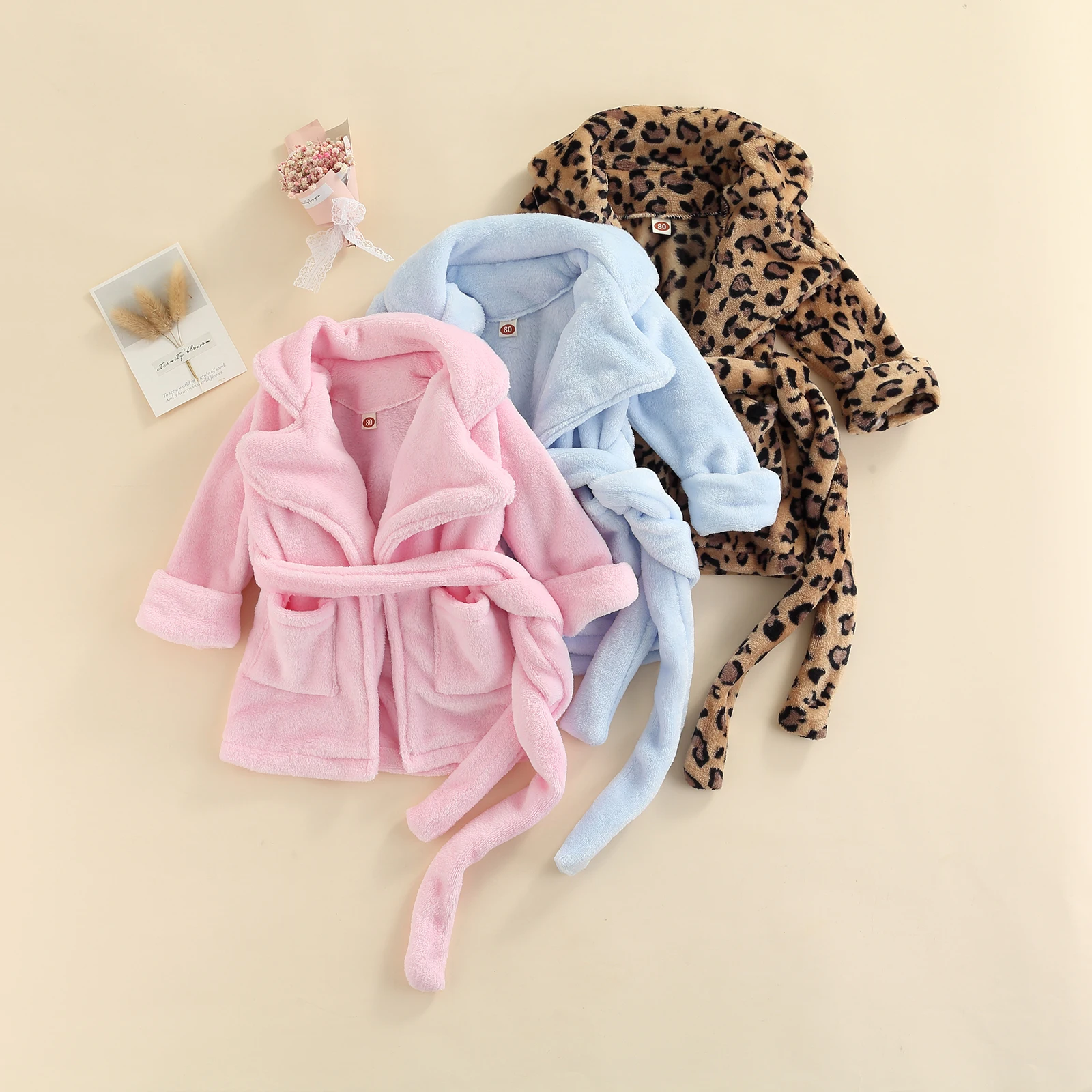 Toddler Baby Flannel Bathrobe Solid /leopard Print Pocket Robe With