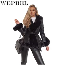 WEPBEL Winter Fashion Long Sleeve Slim Fit Lace Up Turn-down Collar Faux Fur Jacket Women's Casual Warm Faux Leather PU Coat