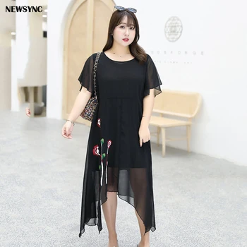 

NEWSYNC Big Size Dresses Women New 2020 Spring Summer Embroidery Long Loose O-neck Short Sleeve Female Dress Plus Size
