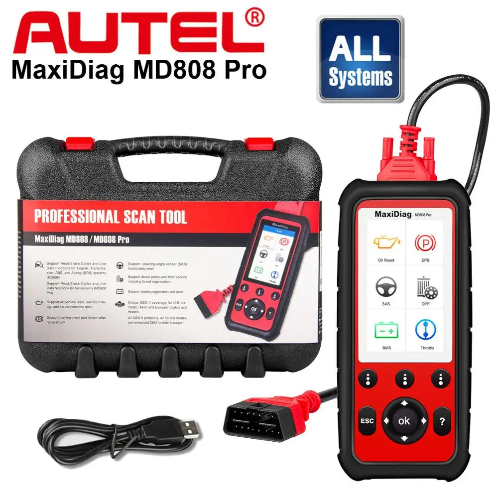 US $284.76 Autel Maxidiag Md808pro Diagnostic Tool Md808 Pro Obd2 Scanner Engine Transmission Srs Abs Epb Oil Reset Dpf Sas Bms Vs Mk808