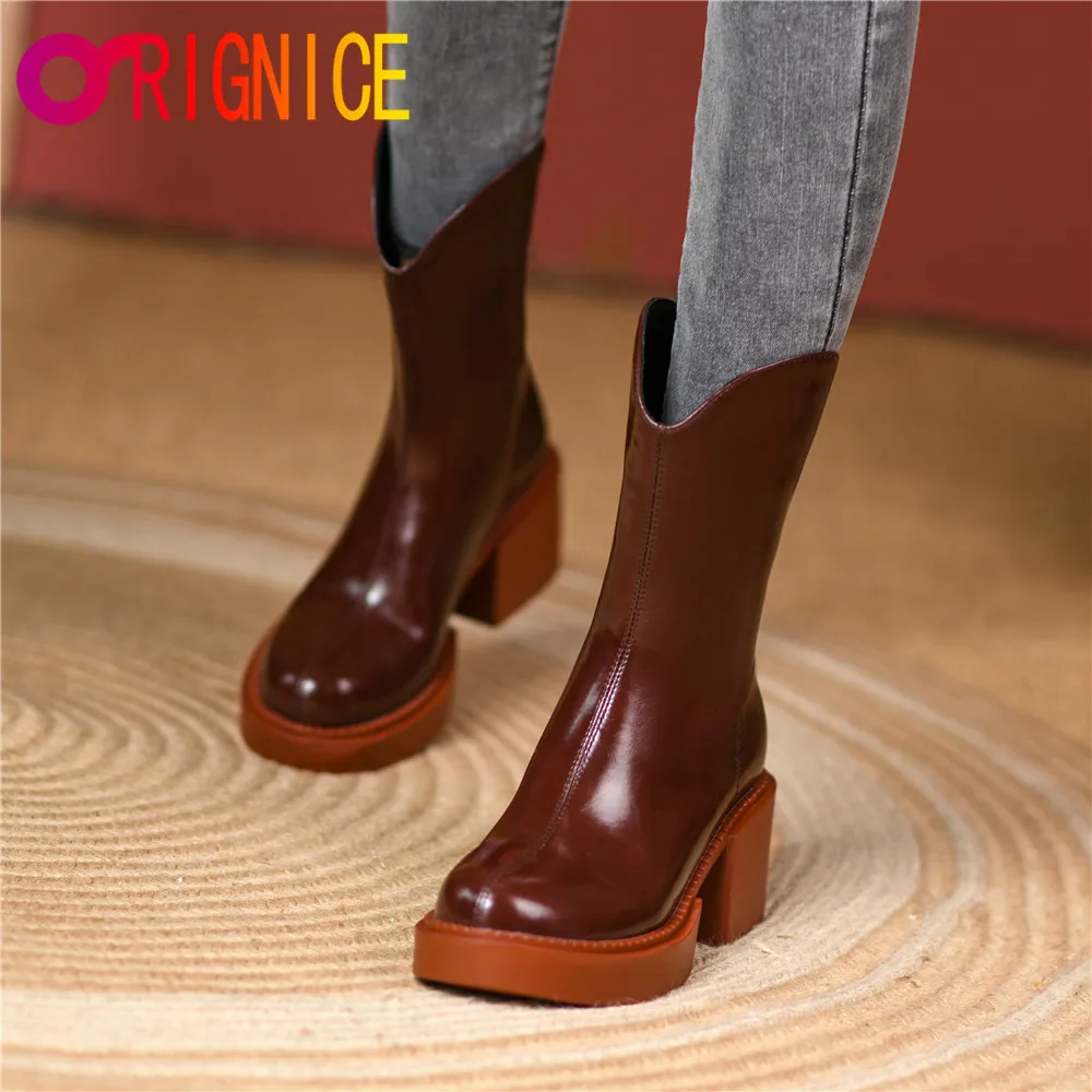 

Orignice Women Top Quality Leather Platform Square High Heel Western Ankle Boots Fashion Round Toe Autumn Winter Zip Party Shoes