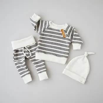 

Goocheer 3PCS Long Sleeve Stripe Buttons Decor Sweatshirt Top,Striped Pant with Hat Set For Baby Boy Autumn Clothes
