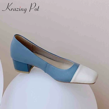 

Krazing pot european style genuine leather mixed colors high fashion gorgeou square toe med square heels slip on women pumps L02