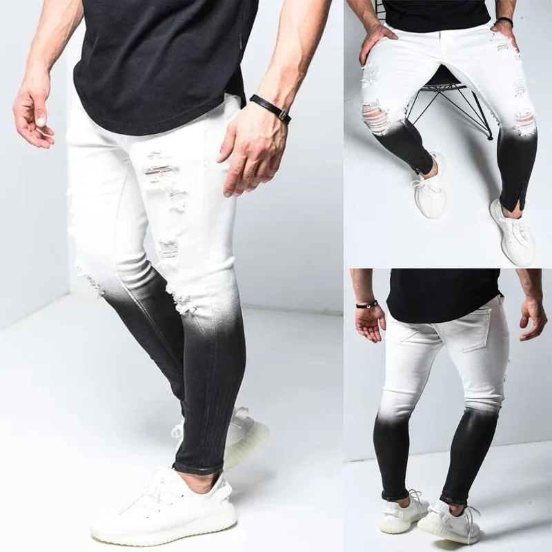 

Mens Cool Designer Brand Gradient Jeans Skinny Ripped Destroyed Stretch Slim Fit Hop Hop Pants With Ankle Zipper For Men