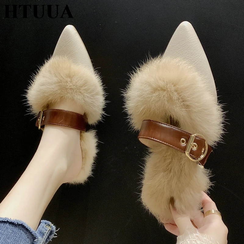 

HTUUA Autumn and Winter Mules Shoes Women Pointed toe Square heel Fluffy Fur Slippers Female Furry Slides Ladies Shoes SX3391