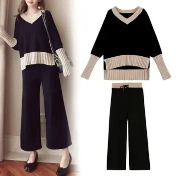 

2Pcs Women Casual V Neck Pullover Top Wide Leg Pants Sportswear Knitted Tracksuit
