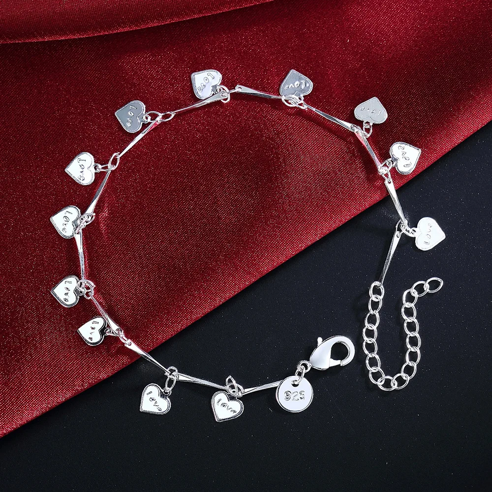 

925 Jewelry Silver Plated Couples Heart and Soul LOVE Girls Leg Chain Tassel Anklet Fashion Charms Bracelet For Women Best Gift