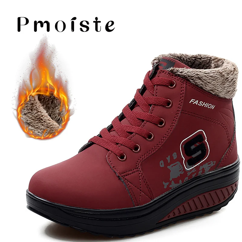 

Women's Winter Boots With Platform Wedges Comfy PU Leather Boots Woman Lace Up Plush Rubber Snow Boots Female