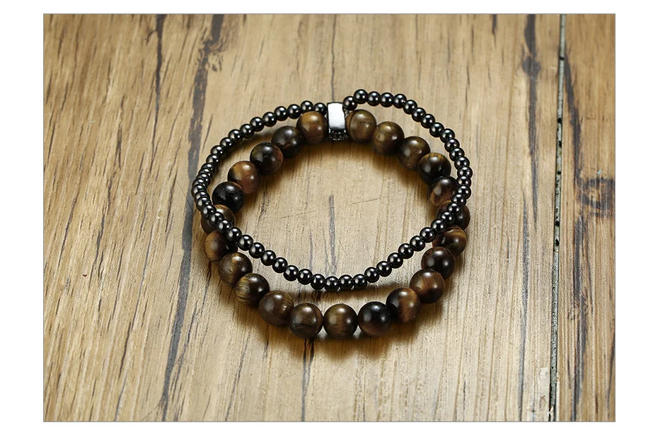 Vnox Mens Bohemia Tiger Eye Stones Bracelets Double Layers with Magnetic Hematite Beads Strand Bracelet Bangle for Male Boy