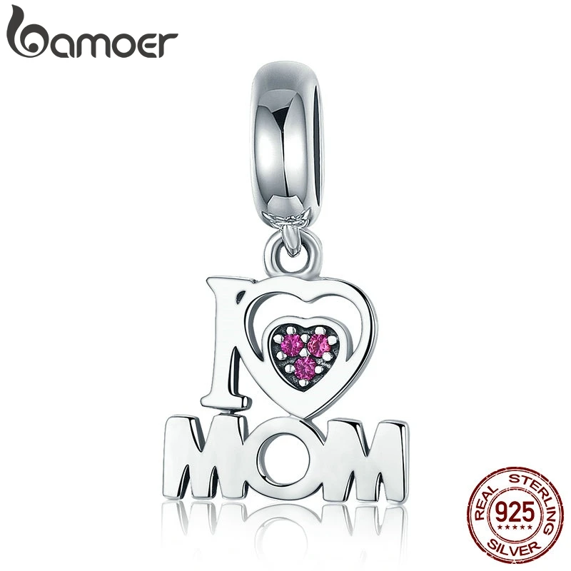 BAMOER 100% Аутентичные 925 пробы серебро i Love Mom (Я люблю маму) Письмо Подвески fit