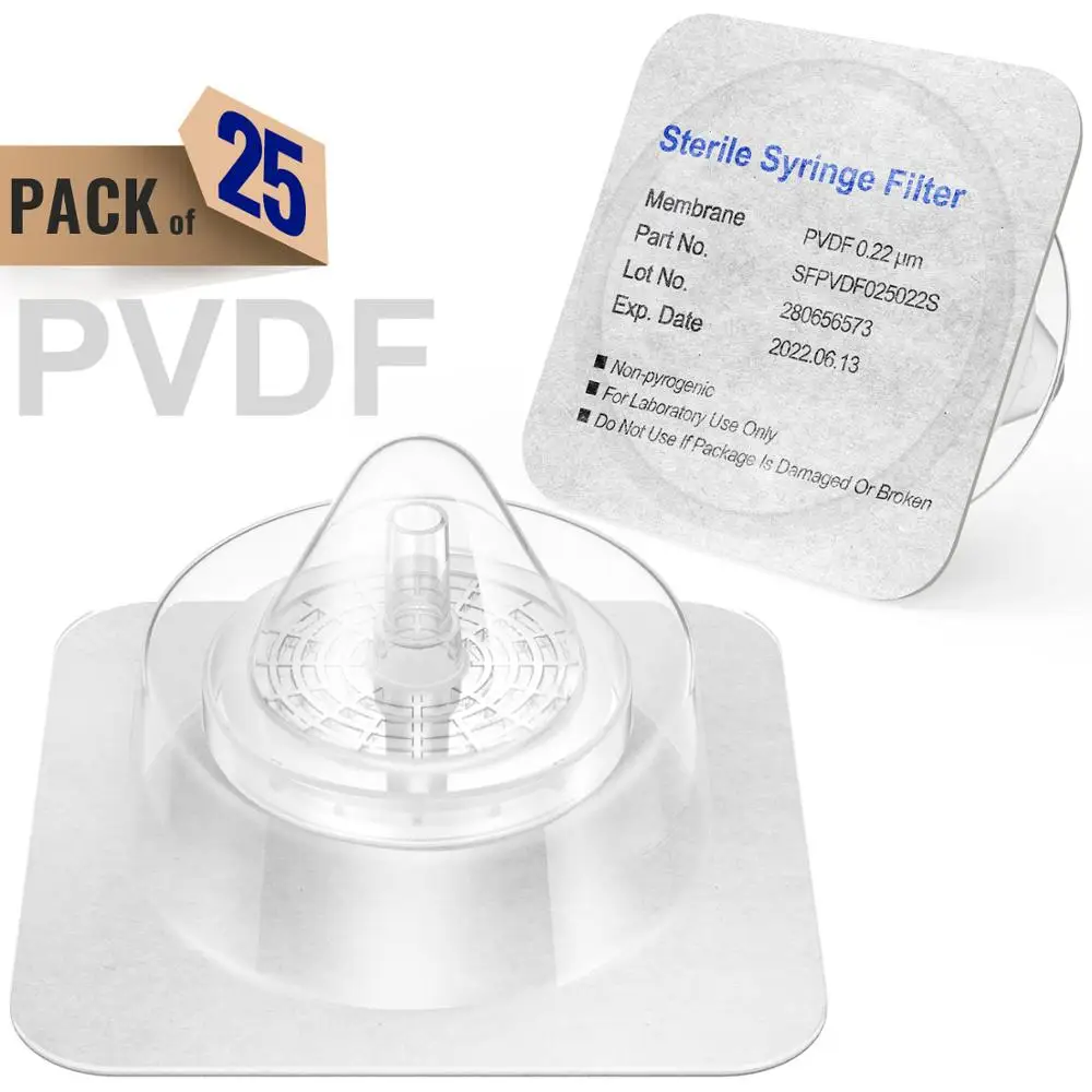 Sterile Syringe Filters PVDF Membrane 0.22&mu;m Pore Size 25mm Diameter 25 Pcs Individually Packed syringe filters