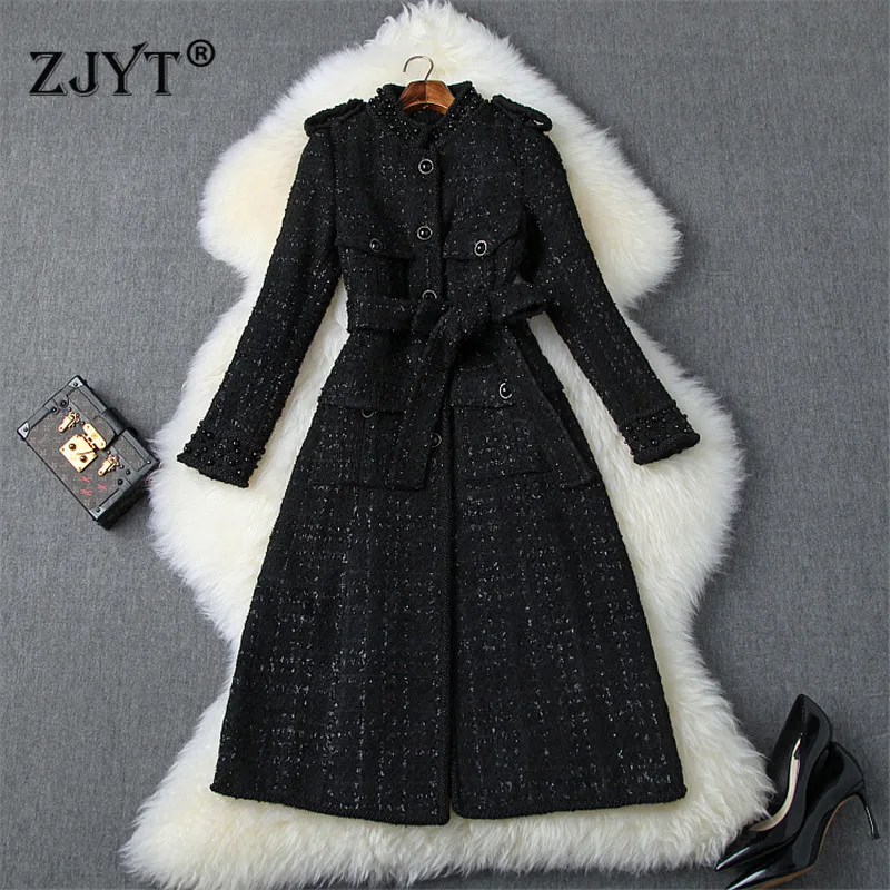 

Fashion Women Designers Autumn Winter Tweed Woolen Jackets and Coats Lady Elegant Long Sleeve Luxury Pearls Wool Blend Overcoat