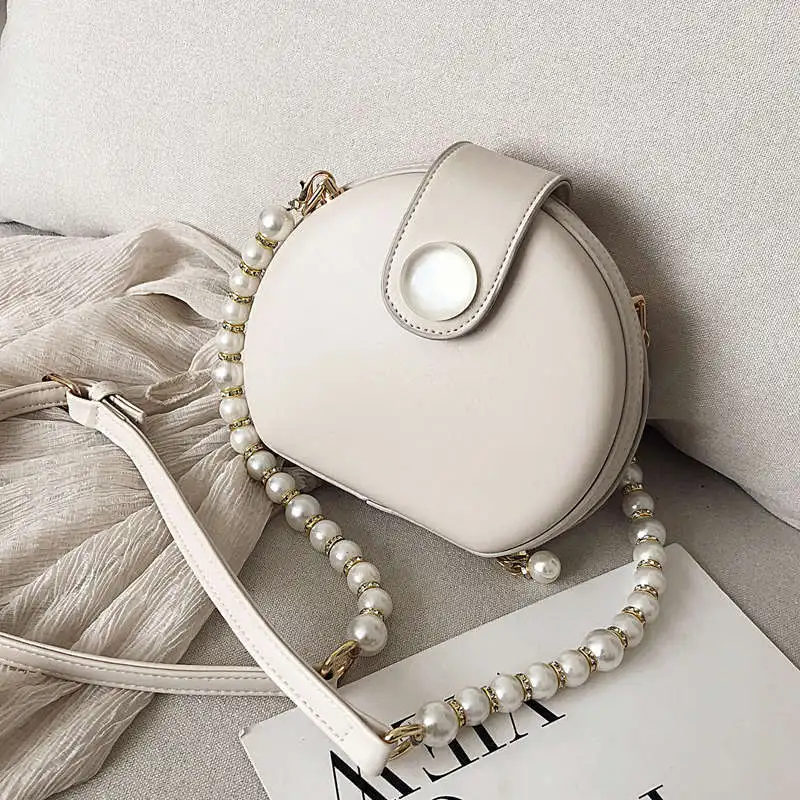 

Elegant Female Round Bag 2020 Summer New Quality PU Leather Women's Designer Handbag Pearl Chain Shoulder Messenger Bag Purses