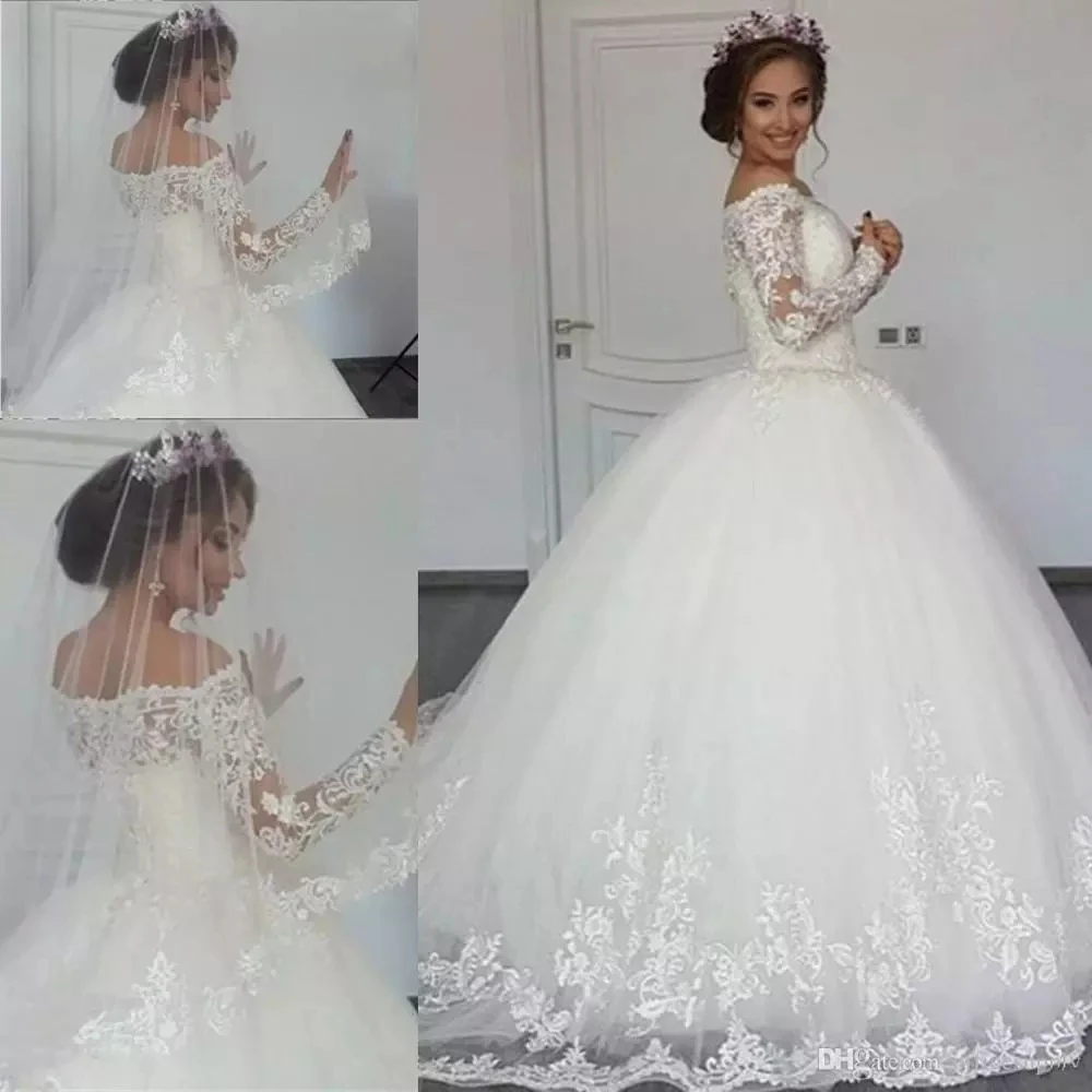 

Angelsbridep Тюлевое бальное платье свадебное платье с длинным рукавом Vestidos De невесты роскошная аппликация со шлейфом платья невесты из Саудовской Аравии