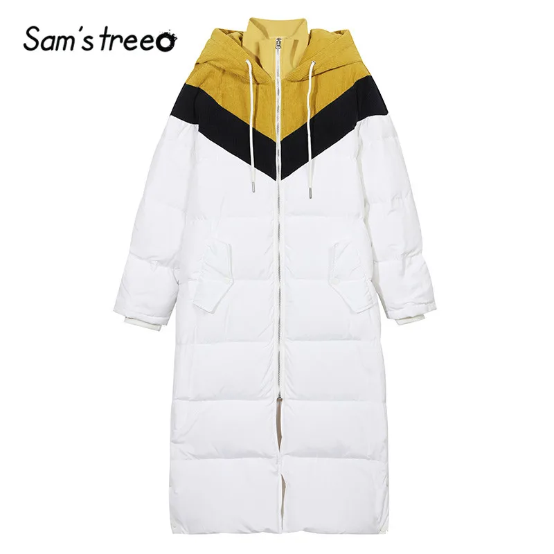 SAM'S TREE White Solid Patchwork Straight Hoodies Warmness Down Coat Women Winter Drawstring Split Oversive Female Outwears