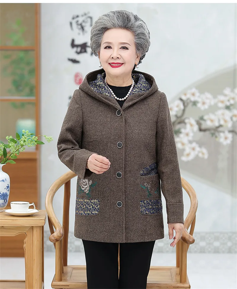 Женское осеннее шерстяное пальто большого размера, свободная куртка с капюшоном, Женская шерстяная куртка среднего возраста, кардиган для бабушек, верхняя одежда размера плюс 5XL1691