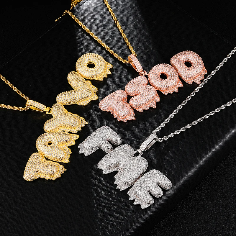 Хип хоп Iced Out Bubble Letters пользовательское имя кубический циркон капельные Подвески на цепочках и ожерелья для мужчин ювелирные изделия с теннисная цепочка