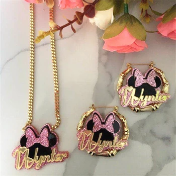 

Fashionable And Simple Personality Acrylic Mickey Mouse Custom Name Earrings And Custom Name Necklace Two-piece
