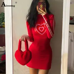 Осень-зима 2019, женское мини-платье в европейском и американском стиле, красное, с принтом в виде сердца, с воротником средней длины, с