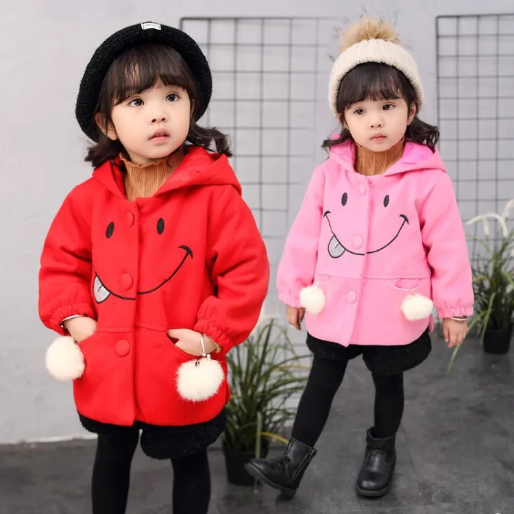 

2019 Winter Girls Smiley Woolen Korean-style Coat Children Duffle Coat Thick Quilted Small CHILDREN'S Woolen Jacket