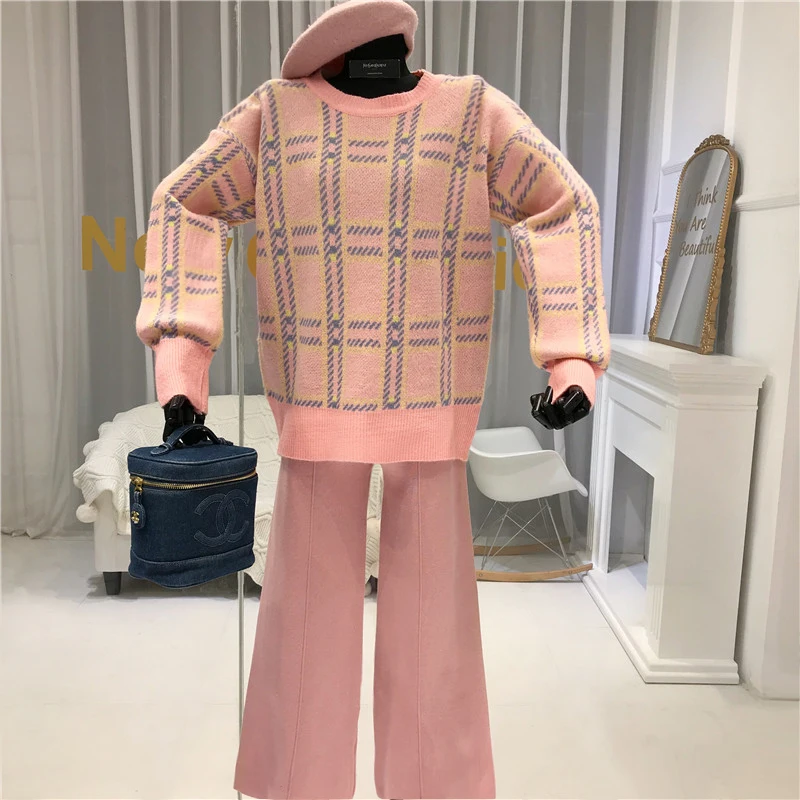 ALPHALMODA Свободная кофта в шотландскую клетку+ широкие брюки, Женский Повседневный вязаный костюм из 2 предметов, зимняя модная одежда