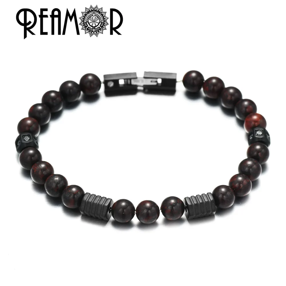 REAMOR Unisex Blood Red Natural Stone Bracelets Detachable Black Matte CNC Stainless Steel Wire Rope Bracelet DIY Jewerly